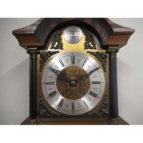 1386 - Late C20th Dutch style oak cased chiming wall clock with break arch dial, applied spandrels and chap... 