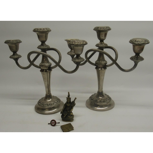 1388 - Pair of Ianth EPNS neo-classical design three branch candelabra, with reeded scroll arms H26cm, smal... 