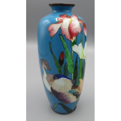 1393 - Pair of C20th Cloisonné ware vases, turquoise blue ground decorated with exotic flowers and birds H1... 