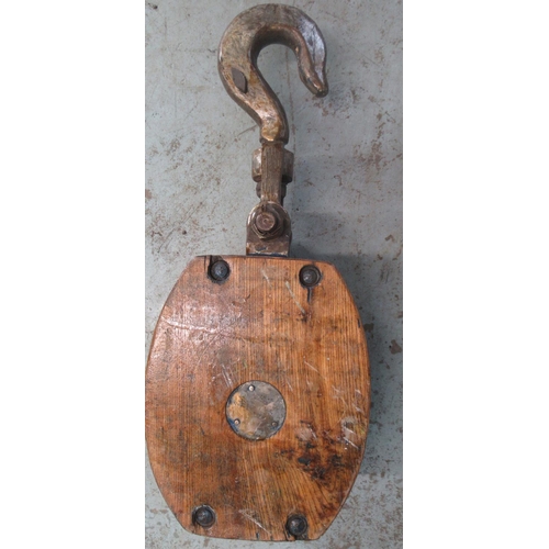 1394 - Large wood and metal ships pulley with registration numbers