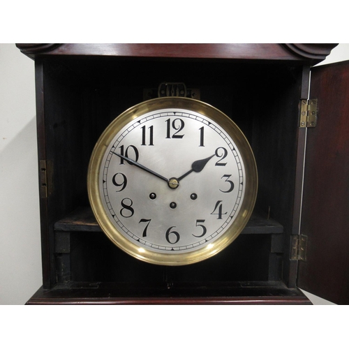 683 - C20th inlaid mahogany long case clock, arched top inlaid circular glazed panel door opening to revea... 