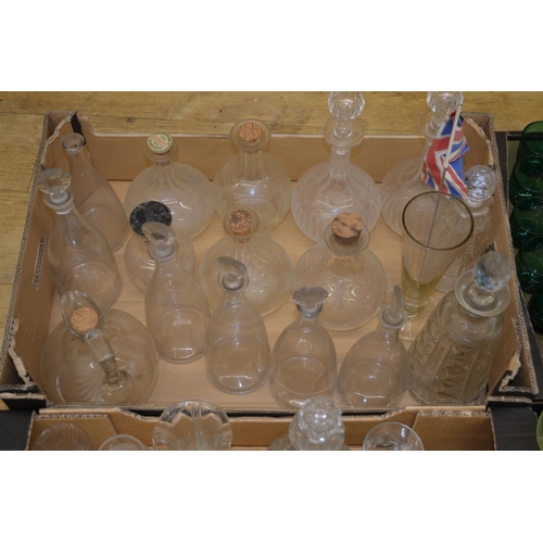 880 - Large collection of glassware including decanters of various styles with cork and glass stoppers, co... 