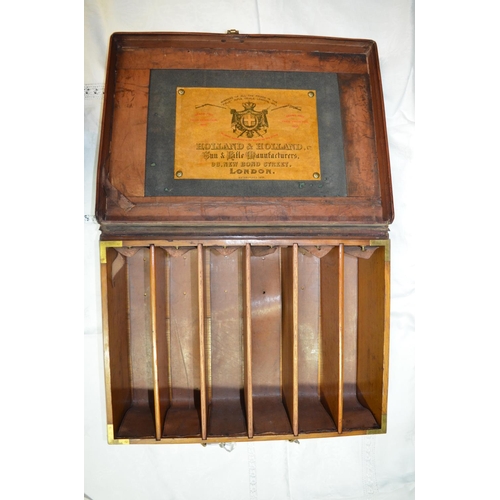 844 - Vintage wood and leather quality cartridge case with copied label, with brass inlaid initials 