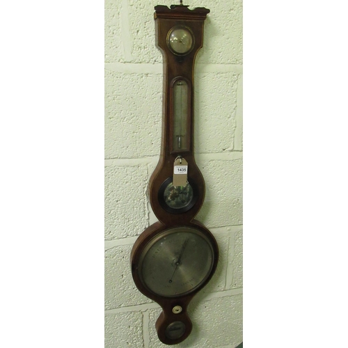 1435 - C19th flame mahogany wheel barometer, boxwood stringing, with dry damp indicator, thermometer box, m... 