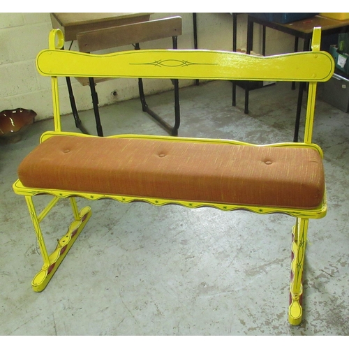 322 - Vintage metal framed cart seat, with wooden seat and back rail, yellow and green painted detail, wit... 