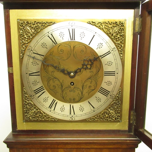 682 - Early C20th mahogany long case clock with carved Greek key decoration, brass dial with applied silve... 