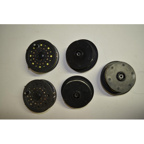 856 - 2 Shakespeare 2756 Graflite fly fishing reels with 3 spare spools, all with fly line. Also an Abu Ga... 