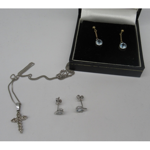 1272 - 9ct white gold crucifix necklace set with diamonds, on 9ct white gold chain, both stamped 375, a pai... 