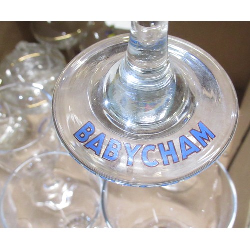 311 - Set of six Babycham glasses, set of four giant Mexican clear glass wine glasses and other glasses (1... 