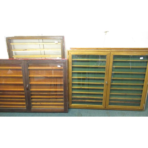 883 - 4 large wood and glass wall hanging display cabinets suitable for model trains, figures, vehicles et... 