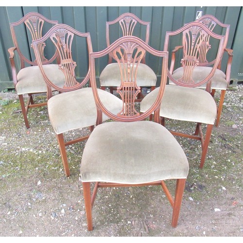 685 - Set of six Hepplewhite style dining chairs, serpentine top rail, pierced wheatsheaf carved splat and... 