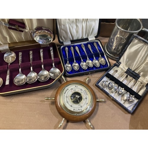 473 - Three cased sets of silver plated cutlery, tankard and Shortland Smiths barometer