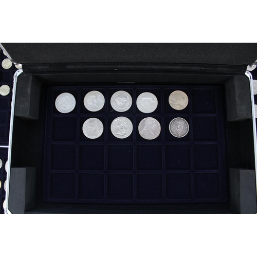 151 - Aluminium coin carry case containing five trays of collectable £1, £2, 50p, mixed pre-decimal US and... 