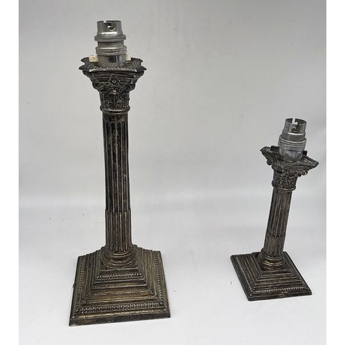 1332 - Graduated pair of ERII hallmarked silver Corinthian column table lamps, on stepped  weighted bases, ... 