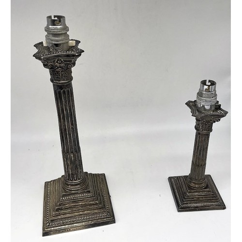 1332 - Graduated pair of ERII hallmarked silver Corinthian column table lamps, on stepped  weighted bases, ... 