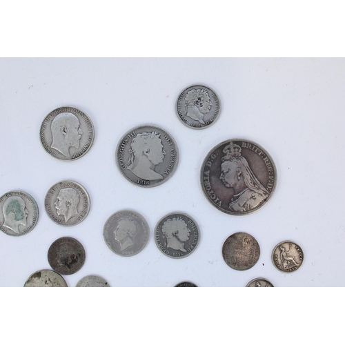 201 - Selection of pre-1920 GB silver content coinage, Geo.III to Geo.V, incl. 1889 silver crown, 1816 hal... 