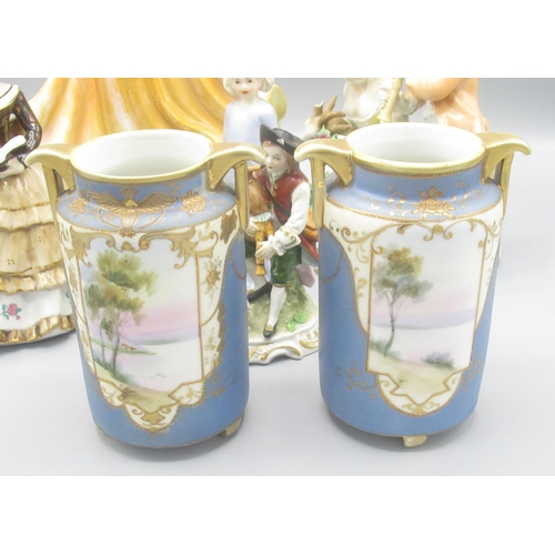 586 - Pair of c20th Noritake twin handled vases, wedgwood blue ground panels decorated with landscape scen... 