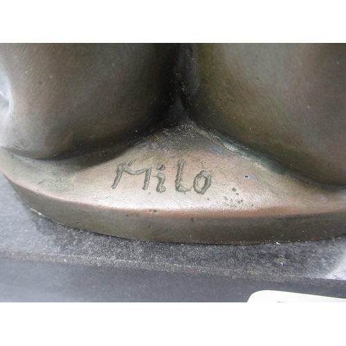 595 - Bronzed metal sculpture group of pair of cats, stamped Milo, on square base, H23cm