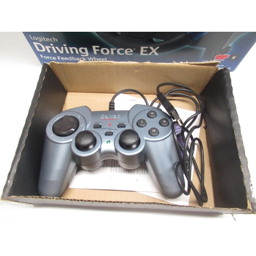 598 - Boxed Logitech Driving Force EX force feedback wheel for the Playstation 2 & a Saitek Rumble control... 