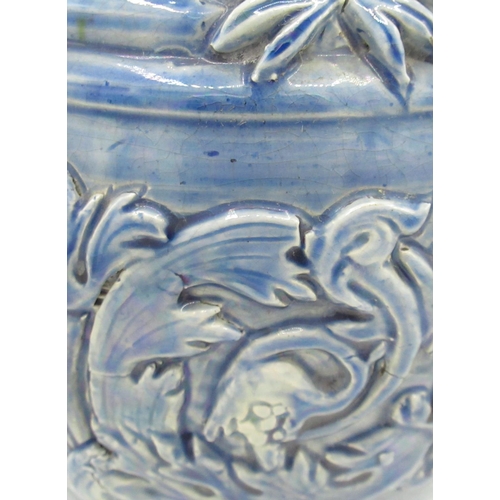 108 - C19th Castle Hedingham - Edward Bingham medieval style blue glazed ewer shaped jug, rope twist handl... 