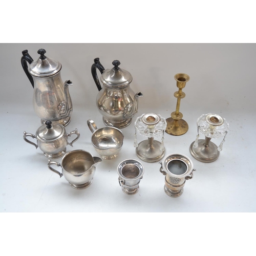 467 - Brass, silver and silver plated EPNS table ware, candle holders, flower vases, salt and pepper pots,... 