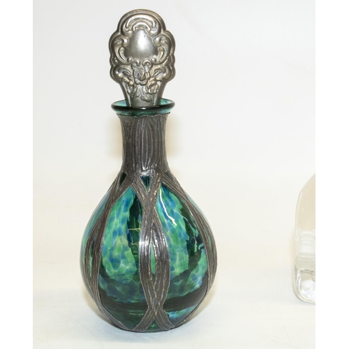 326 - Edwardian style green glass scent bottle with hallmarked silver overlay, H12cm, four Swarovski cryst... 
