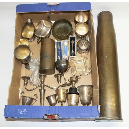 343 - Brass WWII shell art, including a stick stand, H60.5cm, vase, H18cm, candlestand, and a quantity of ... 