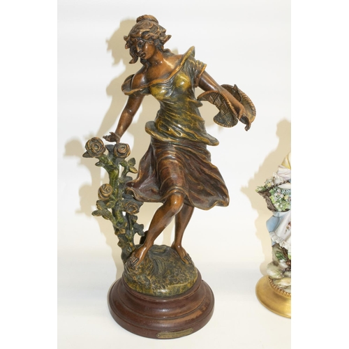 345 - Patinated spelter figure of a woman after Georges Maxim, raised on wooden base with plaque marked 'C... 