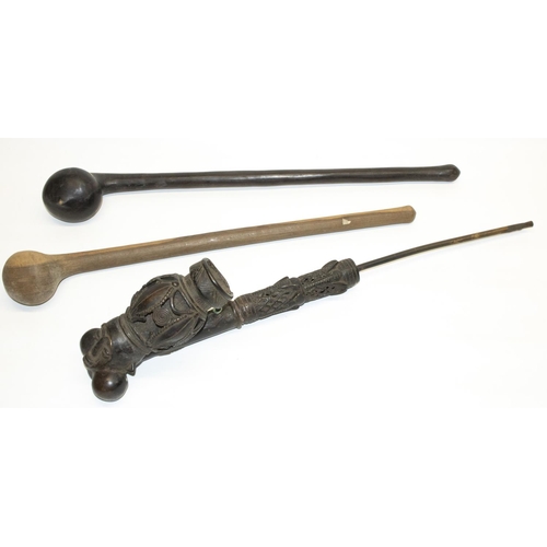 347 - African (Cameroon): cast metal figural tribal ceremonial pipe, L54cm, and two knobkerries/clubs, max... 