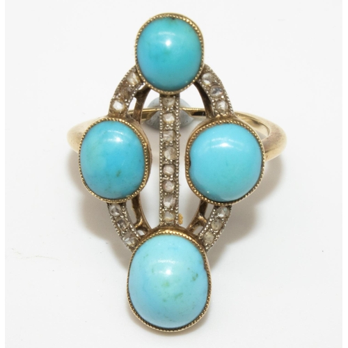 3 - Yellow metal Art Deco style ring set with cabochon turquoise and brilliant cut diamonds, not hallmar... 