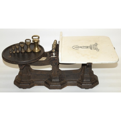 330 - Set of vintage cast iron shop scales by Day and Millward, with white ceramic plate and brass weights... 