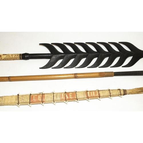 336 - Solomon Islands: woven grass weapon with shark tooth edge, L46cm, barbed stick with woven grass hand... 