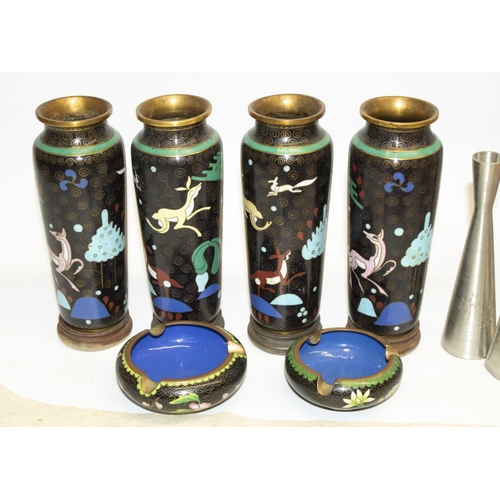 344 - Four C20th Chinese cloisonné vases with wooden stands, H17cm, cased set of six Singapore Airlines te... 