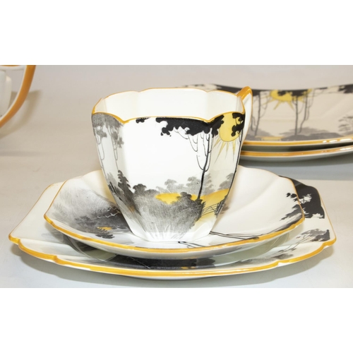 349 - 1930s Shelley Queen Anne shape Art Deco Sunshine and Tall Trees pattern tea ware, comprising: two sa... 