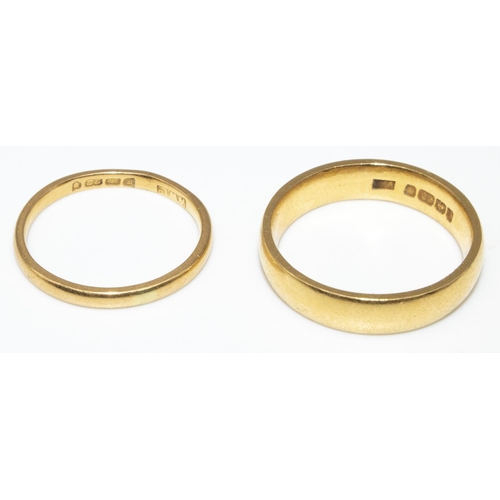 7 - 22ct yellow gold wedding band, stamped 22, size K1/2, and a similar smaller 22ct gold band, 7.1g