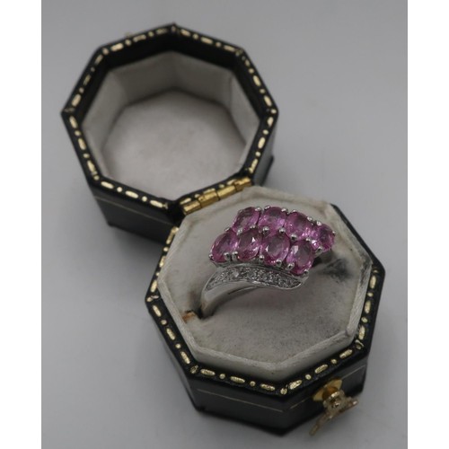 20 - 9ct white gold hallmarked rose quartz and diamond set ring, size K/L