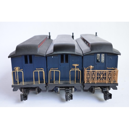 523 - Three boxed G-gauge railway carriages by Bachmann, 2 passenger and 1 post wagon. Both passenger wago... 