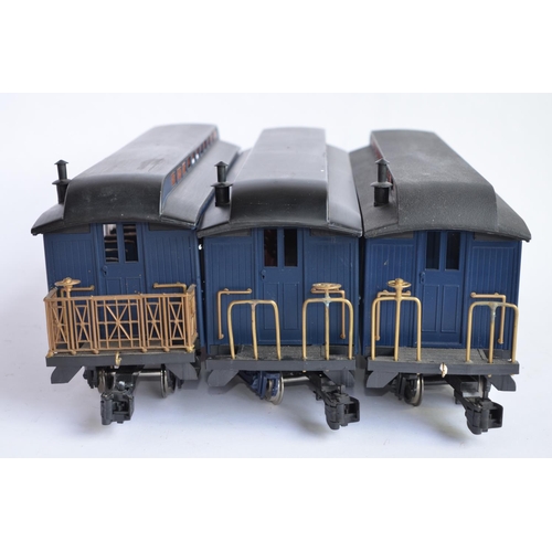 523 - Three boxed G-gauge railway carriages by Bachmann, 2 passenger and 1 post wagon. Both passenger wago... 