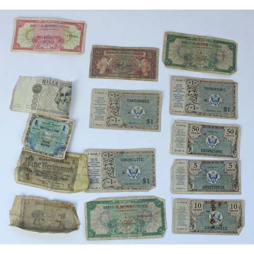 134 - Selection of British Armed Forces banknotes, some US military banknotes and a few German and Italian... 