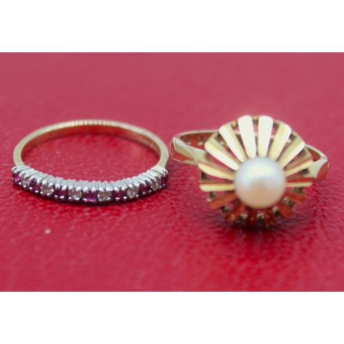 25 - 9ct yellow gold ring set with pearl, stamped 375, size L, and a 9ct yellow gold ring set with diamon... 