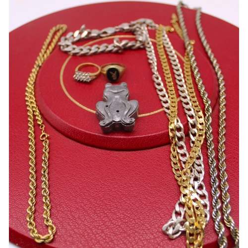 27 - Yellow metal rope twist necklace, the clasp stamped 375 (7.2g), a silver chain link bracelet and sim... 