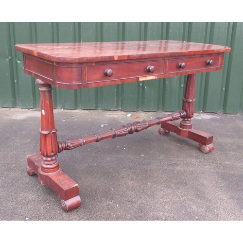 723 - Victorian Gillows style mahogany library table, two real and two faux frieze drawers, on carved octa... 