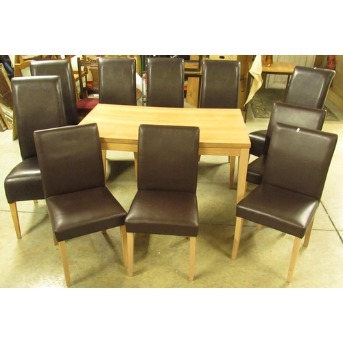 727 - Modern kitchen table W120cm, D75cm and H75cm and 10 dark brown leather chairs