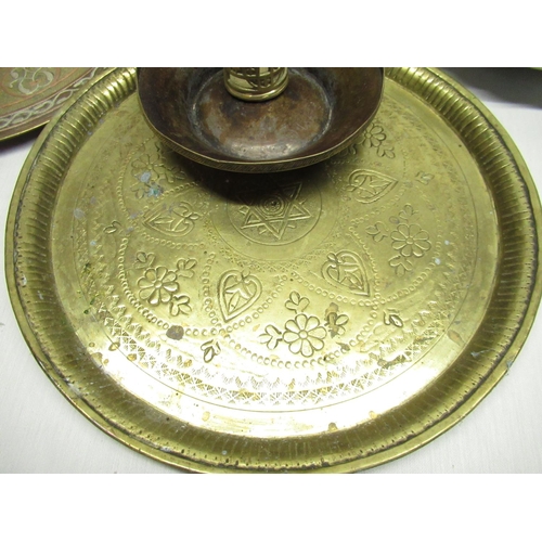 144 - Small early C20th Indo-Persian charger with copper and white metal detailing D26cm, another similar ... 