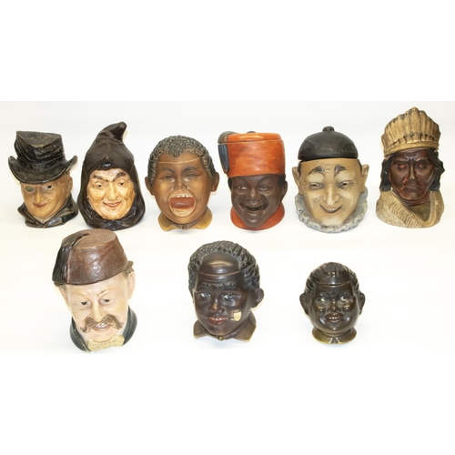 179 - Nine continental novelty figural tobacco jars modelled as human heads, in the manner of Bernard Bloc... 