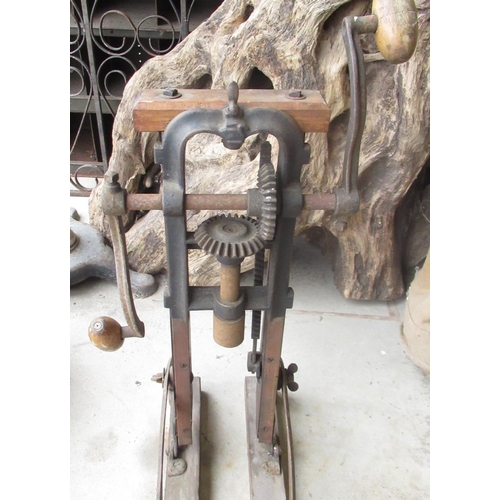 837 - Early C20th/Late C19th oak framed woodworking hand operated drill with bevelled gearing stencilled N... 