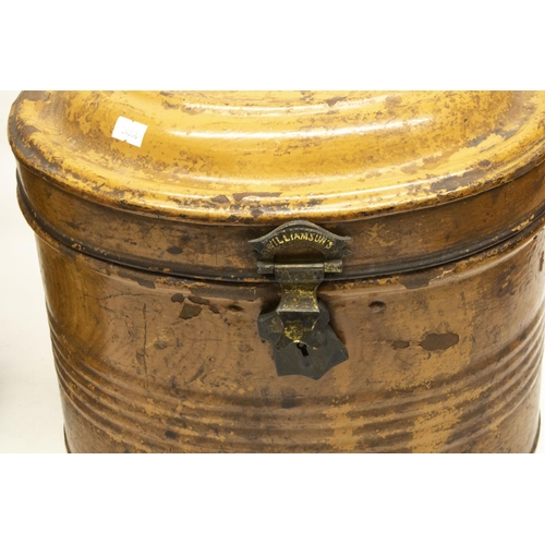 194 - Late C19th Williamson Patent metal hat box with scrumbled finish, W33cm D28cm H29cm, four ladies hat... 