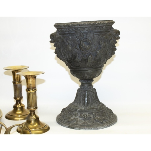 204 - Late C19th pewter alloy pedestal vase with relief moulded neo-classical design, H27cm, C20th Indo-Pe... 