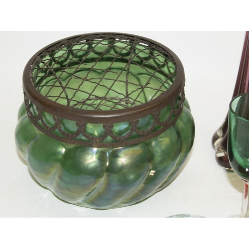 219 - Early C20th green iridescent rose bowl, D16cm, C19th Bristol green stemmed wine glass, Caithness sty... 