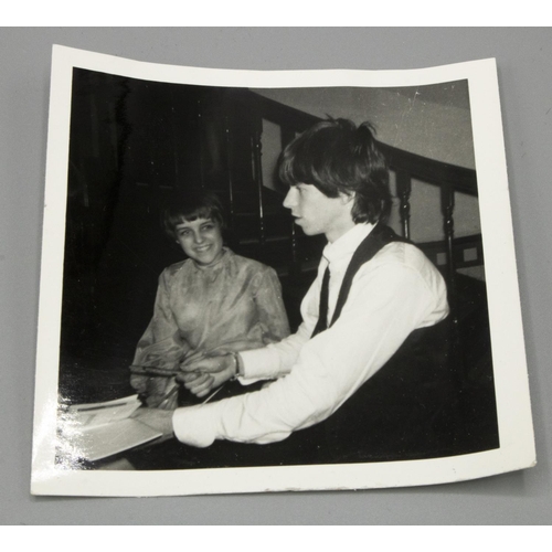 359 - Six black and white 9x9cm candid fan photographs of the Rolling Stones, backstage at Queens Hall Lee... 